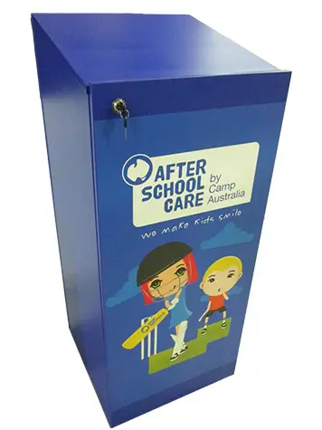 Lockable blue cabinet wrapped with illustrated children for After School Care by Camp Australia