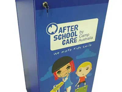 Lockable blue cabinet wrapped with illustrated children for After School Care by Camp Australia