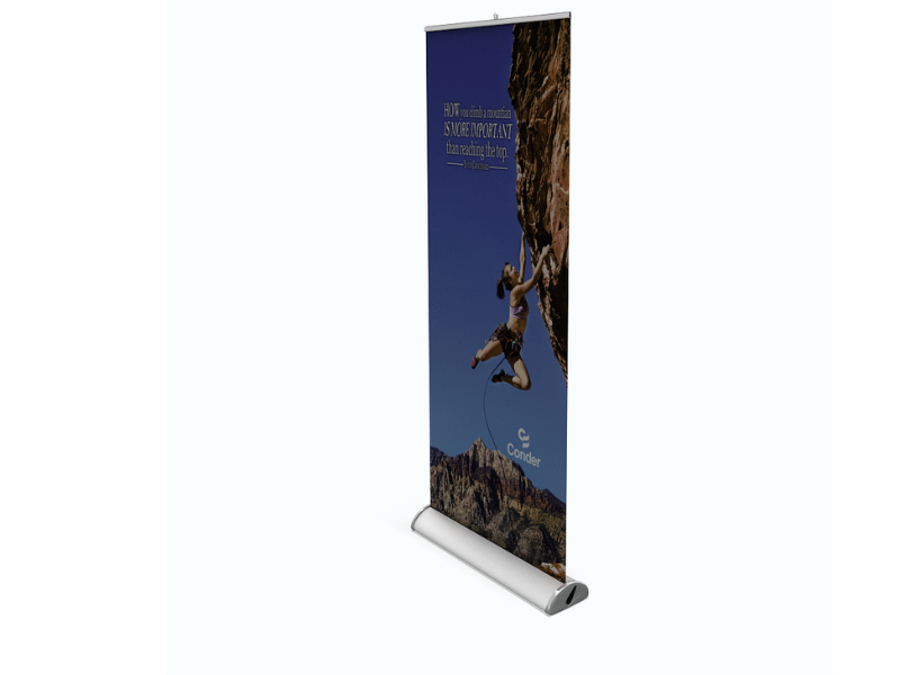 Pull-up banner stand with a silver base and a printed graphic of a rock climber, on a plain white background