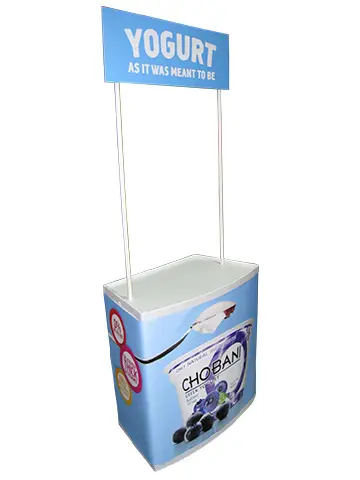 Chobani yoghurt sampling stand with a curved counter and a header on slim poles