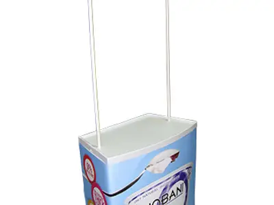 Chobani yoghurt sampling stand with a curved counter and a header on slim poles