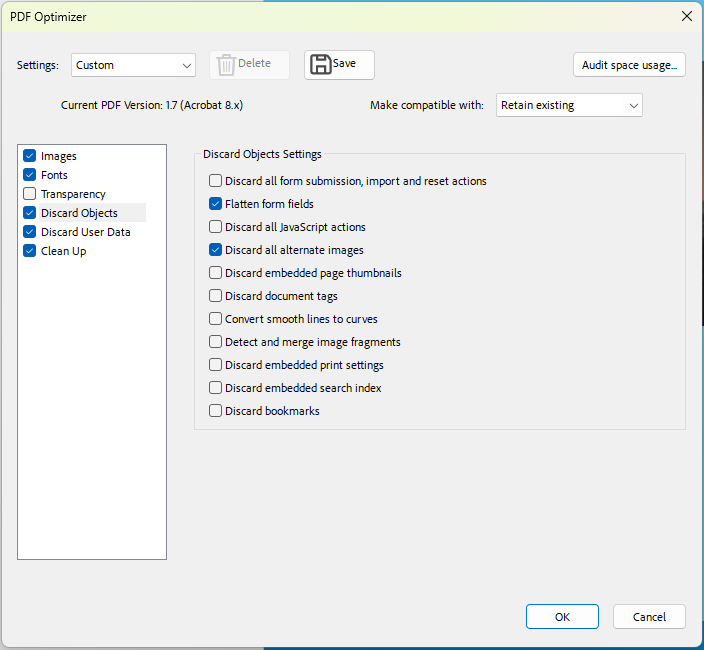 Acrobat Pro PDF Optimizer Discard Objects panel with Flatten form fields ticked