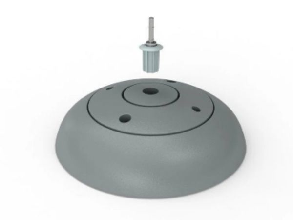Product image of a round grey dome-shaped water base for a fabric display wall, with the spigot that fits into its top
