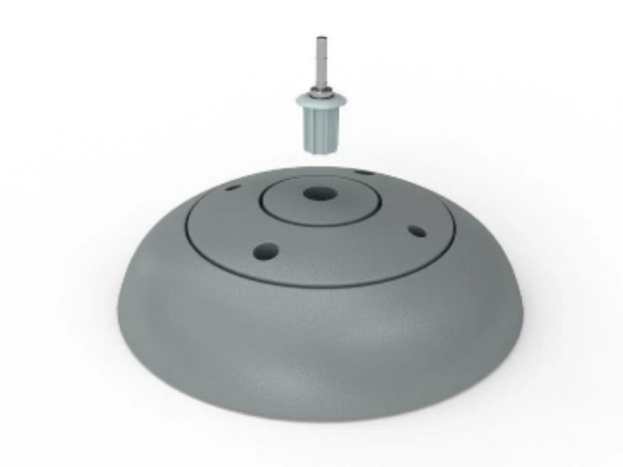 Product image of a round grey dome-shaped water base for a fabric display wall, with the spigot that fits into its top