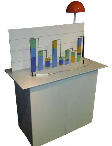 White counter and backboard with a bar-chart wire course and red dome light on top