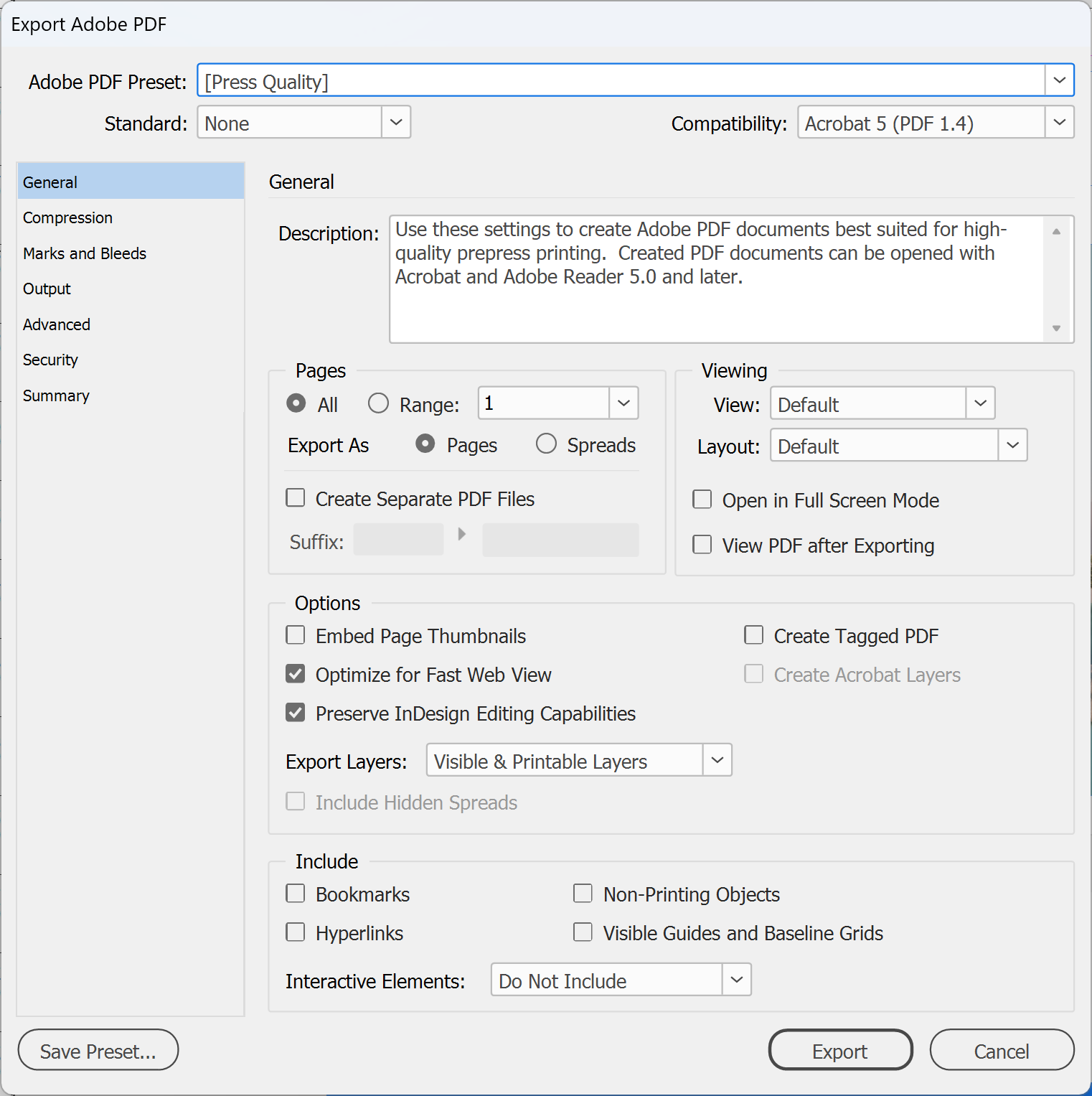 InDesign Export Adobe PDF dialog with the Press Quality preset selected