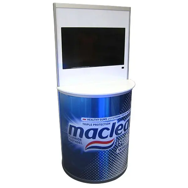 Macleans curved counter with a printed wrap and a built-in TV screen panel