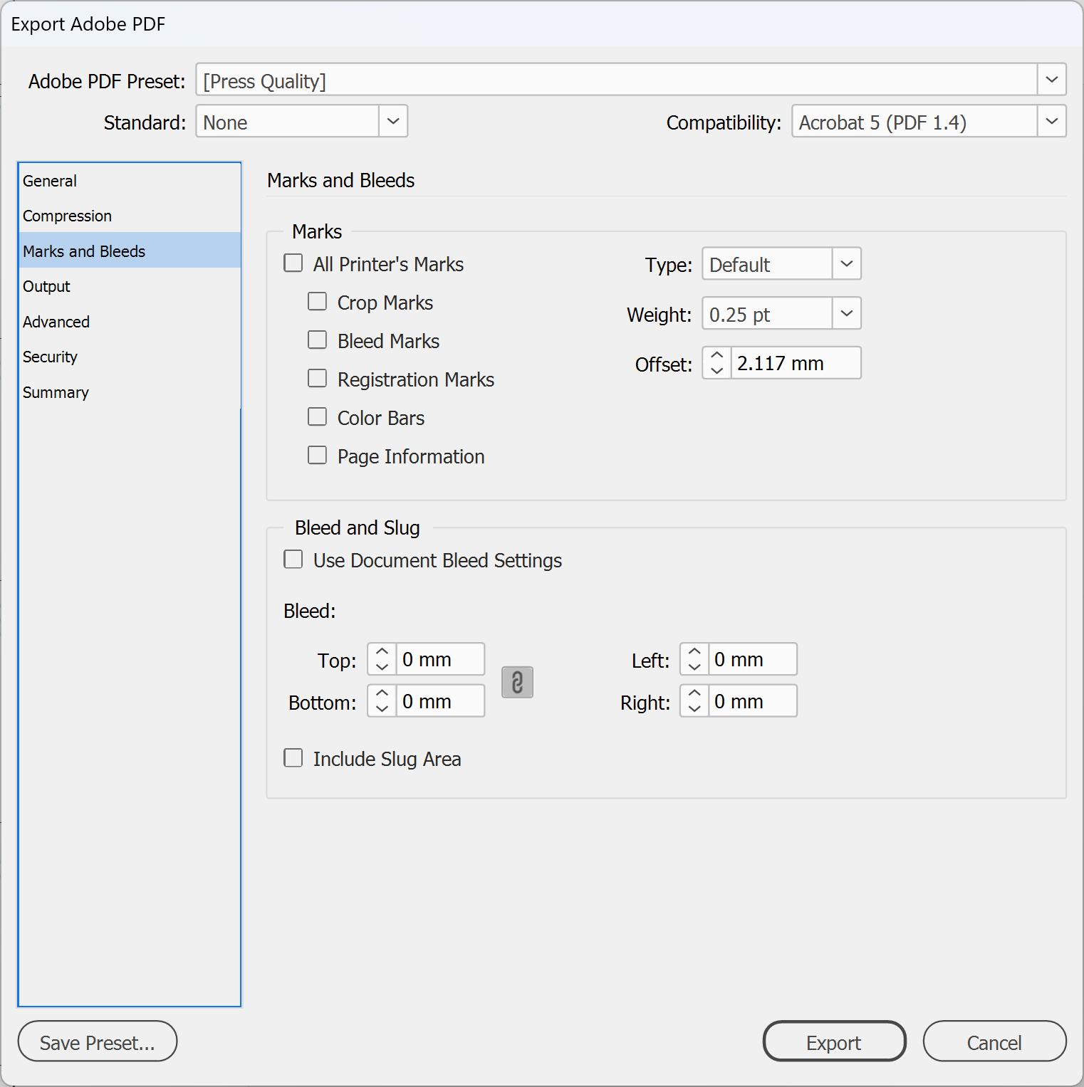 InDesign Export Adobe PDF dialog, Marks and Bleeds panel with no printer's marks