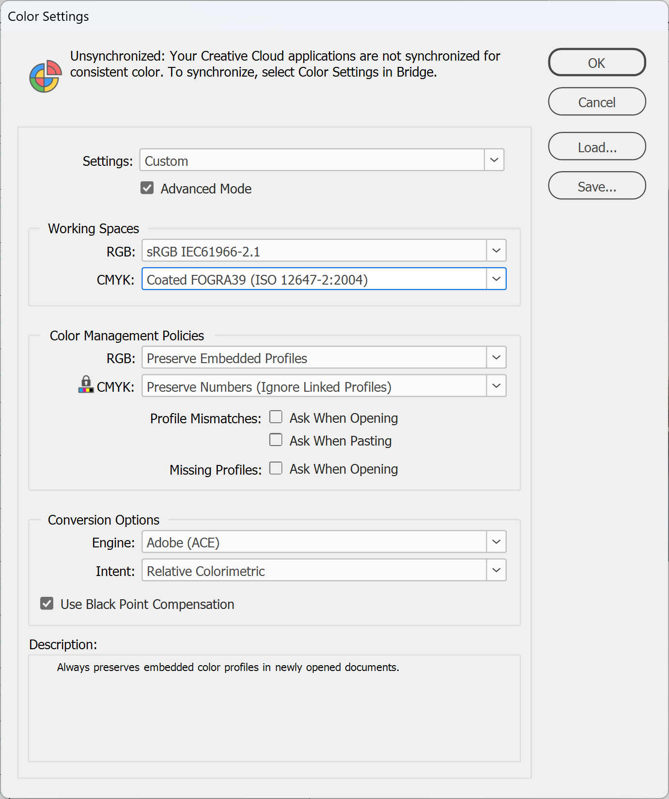 InDesign Color Settings dialog in Advanced Mode with the CMYK working space set to Coated FOGRA39