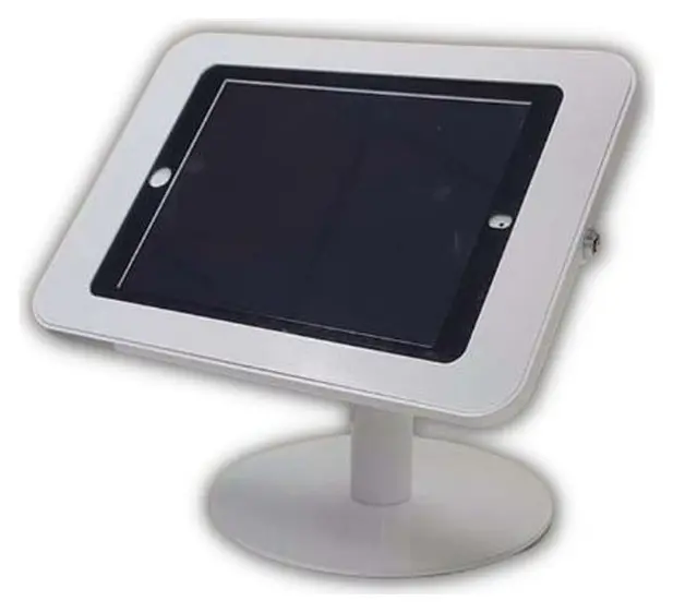 White landscape tablet enclosure angled on a short post and round base on a counter