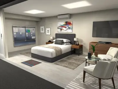 Concept design of a bedroom showroom with a wall-mounted TV and split-system air conditioner