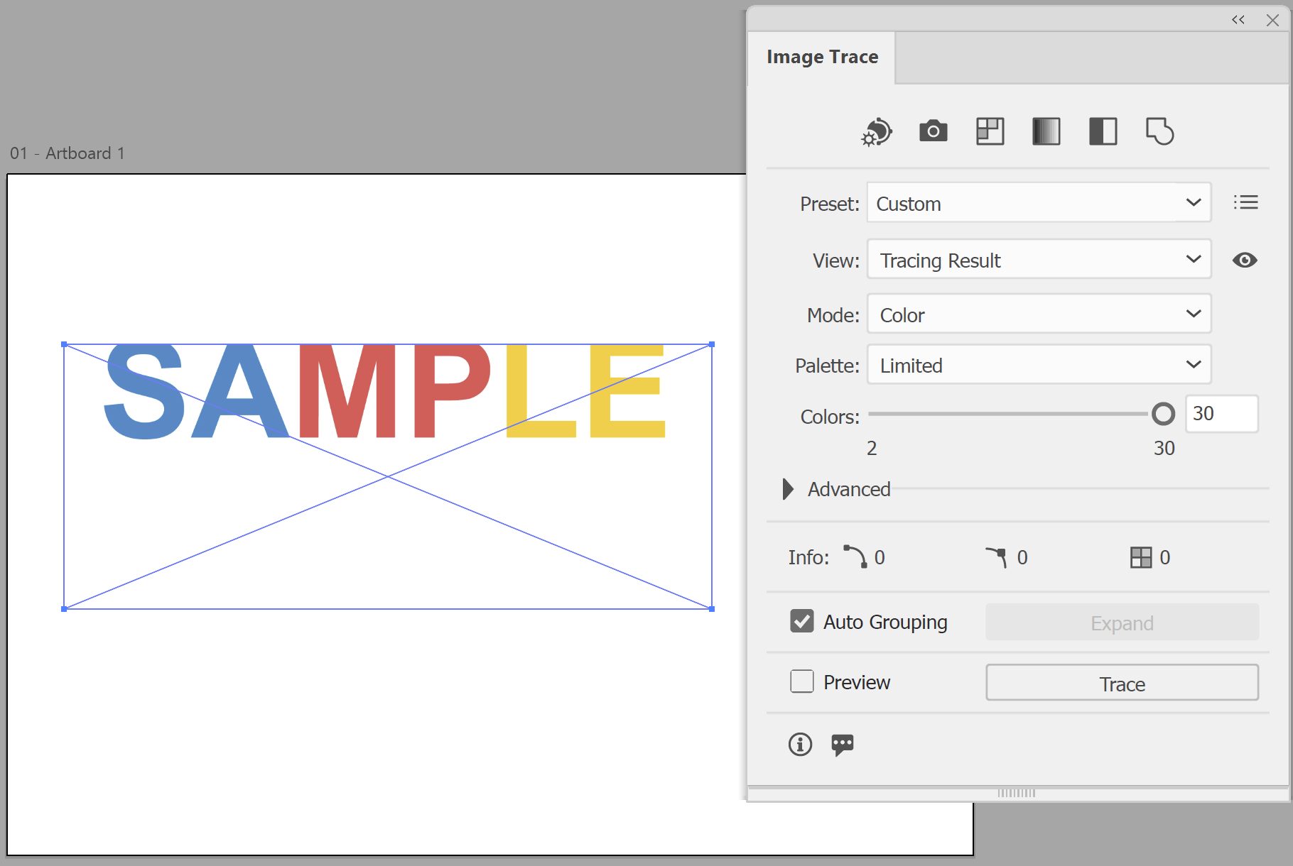 Illustrator Image Trace panel open with a placed JPG logo selected