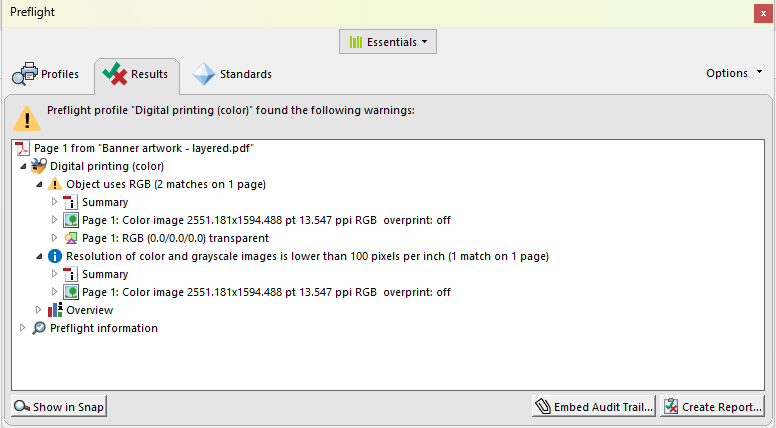 Acrobat Preflight results listing an error and a warning