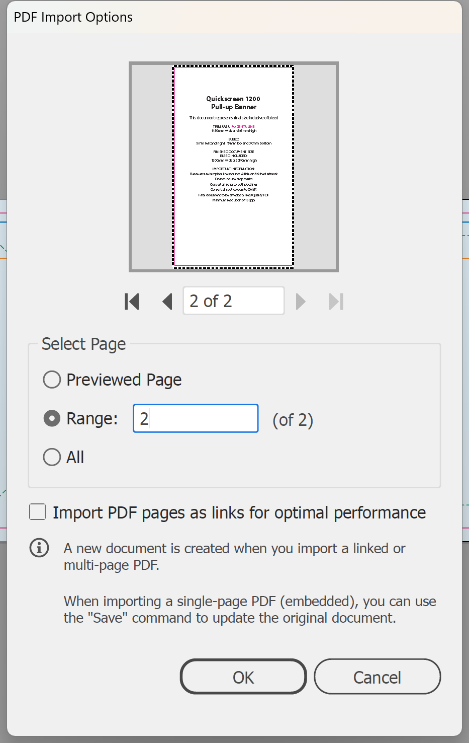 Illustrator PDF Import Options dialog with Range set to page 2 of a banner template