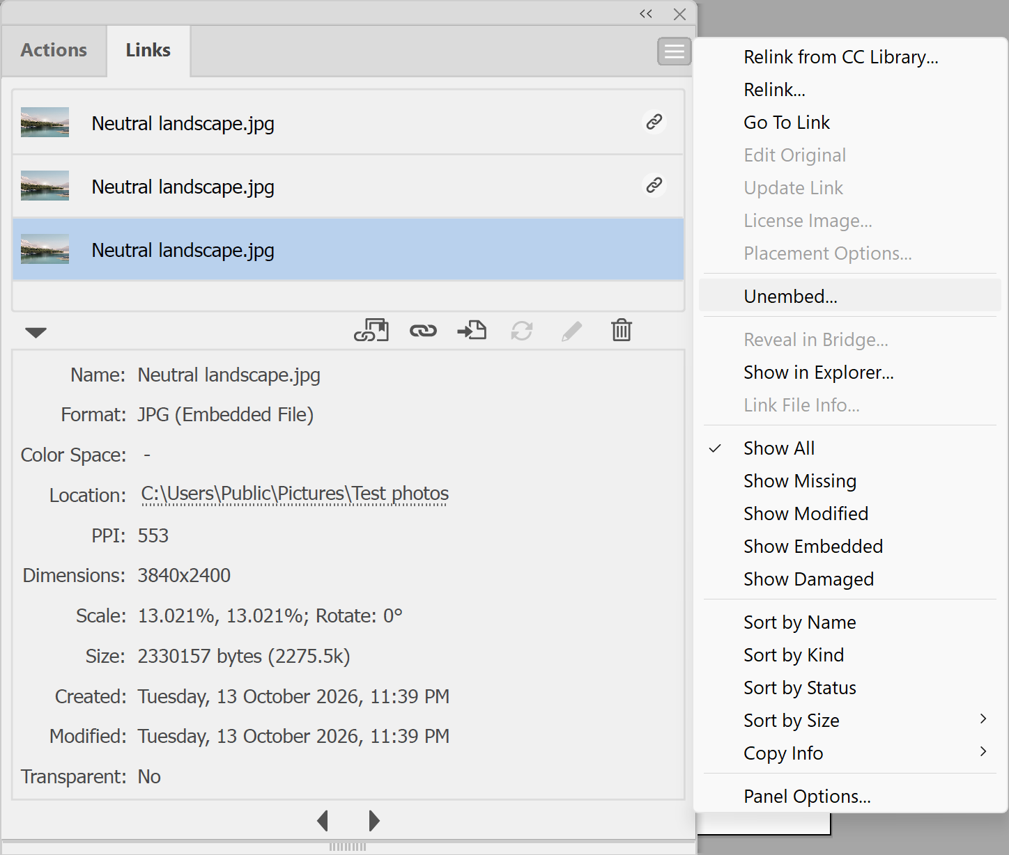 Illustrator Links panel menu with Unembed selected for an embedded image