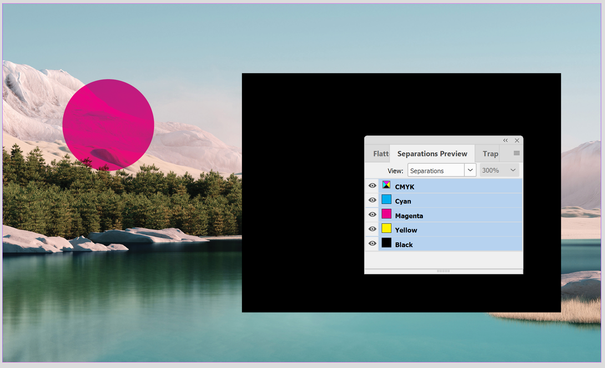 InDesign Separations Preview panel set to Separations