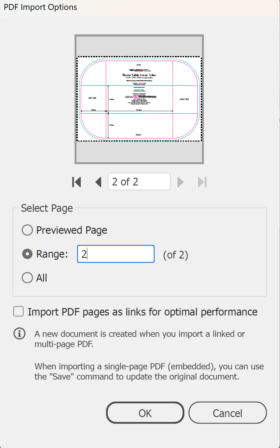 Illustrator PDF Import Options dialog with page 2 of a table cloth template selected