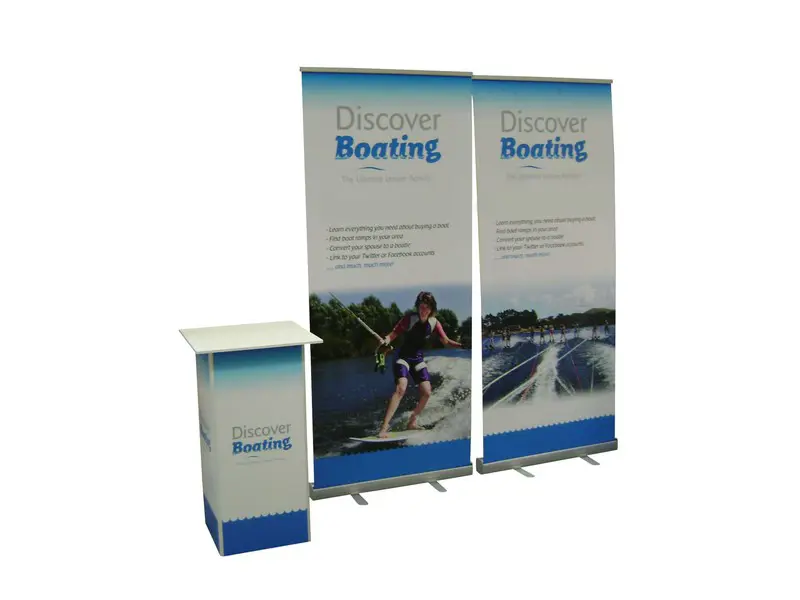 2 x 850mm x 2m Promo Stands with portable plinth