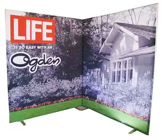 Ogden corner backdrop with a cottage garden image and a lawn strip with flowers