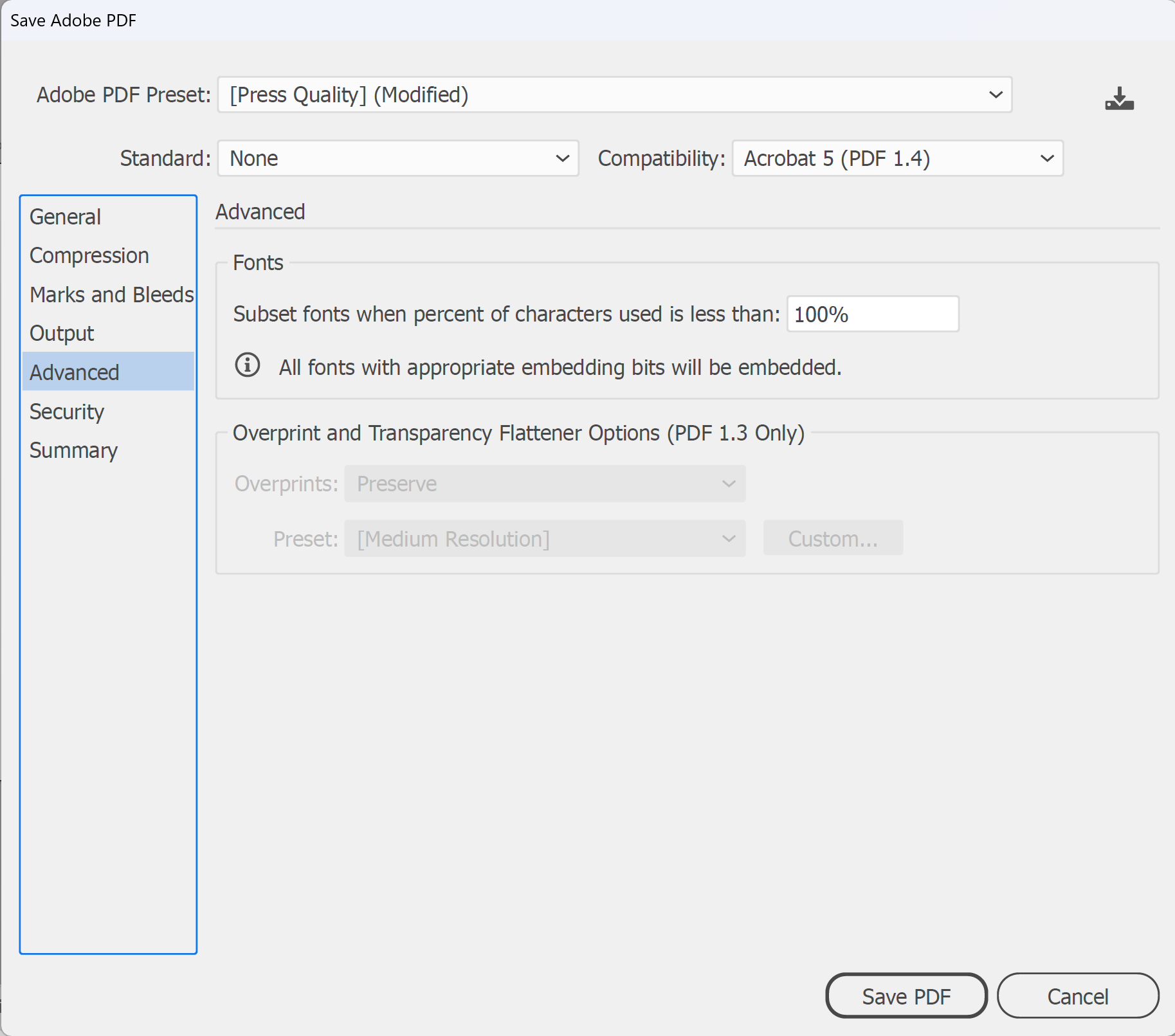 Illustrator Save Adobe PDF Advanced panel with the font subset setting