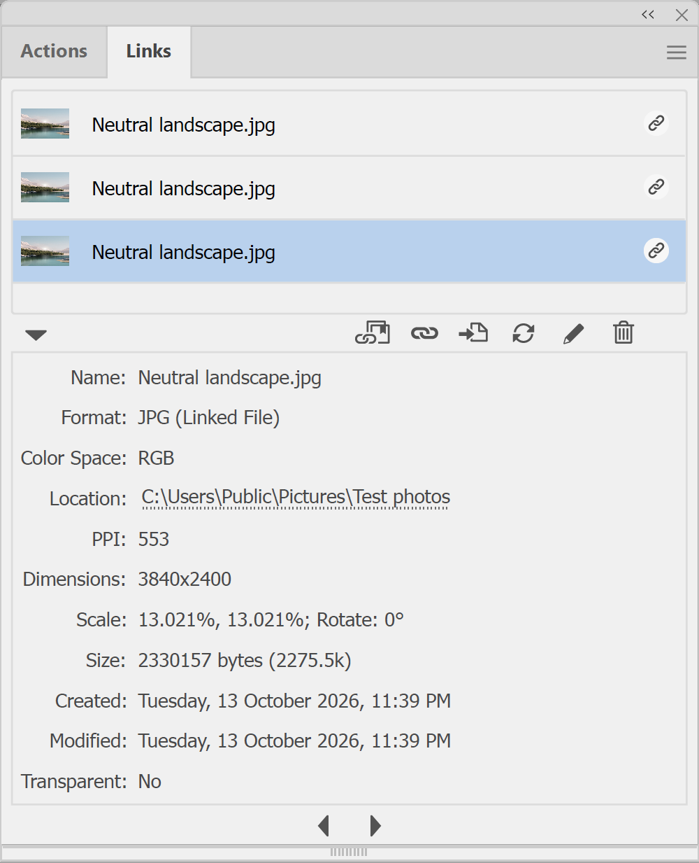 Illustrator Links panel with Link Info open showing the effective PPI of a placed image