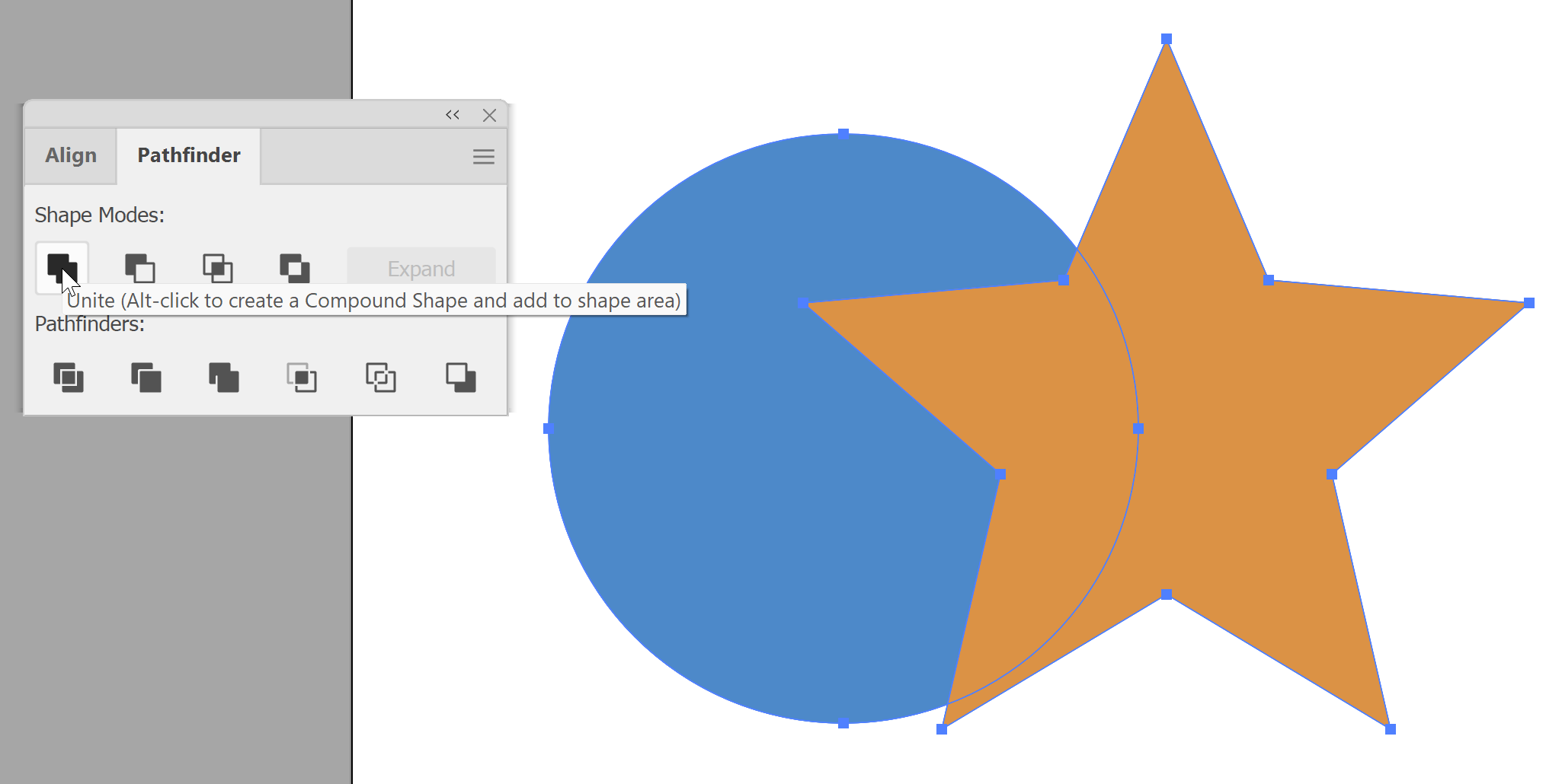Illustrator Pathfinder panel with the pointer on Unite in Shape Modes beside a selected circle and star