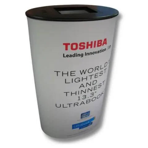 Oval Toshiba Ultrabook plinth with a wrap-around graphic and a recessed screen on top