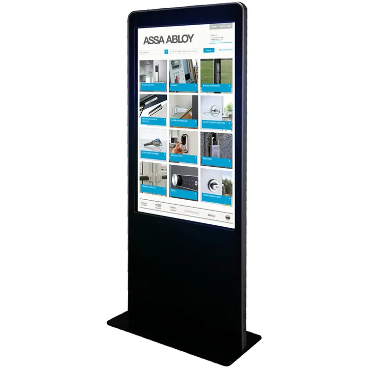 ASSA ABLOY catalogue of door hardware tiles on a tall portrait touch screen kiosk