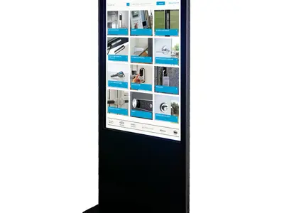 ASSA ABLOY catalogue of door hardware tiles on a tall portrait touch screen kiosk