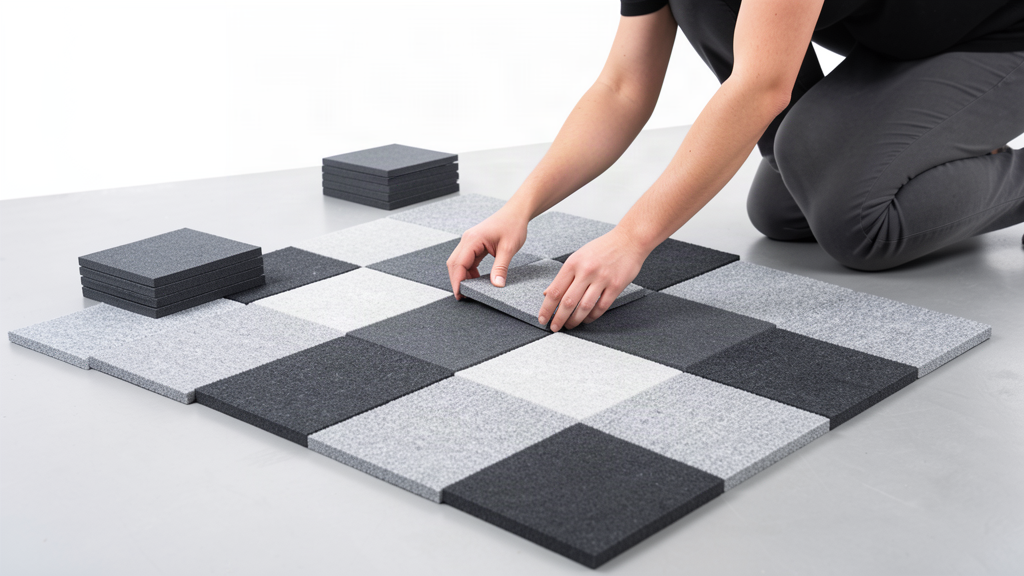 Printed carpet tiles being laid in a grid on an exhibition stand floor