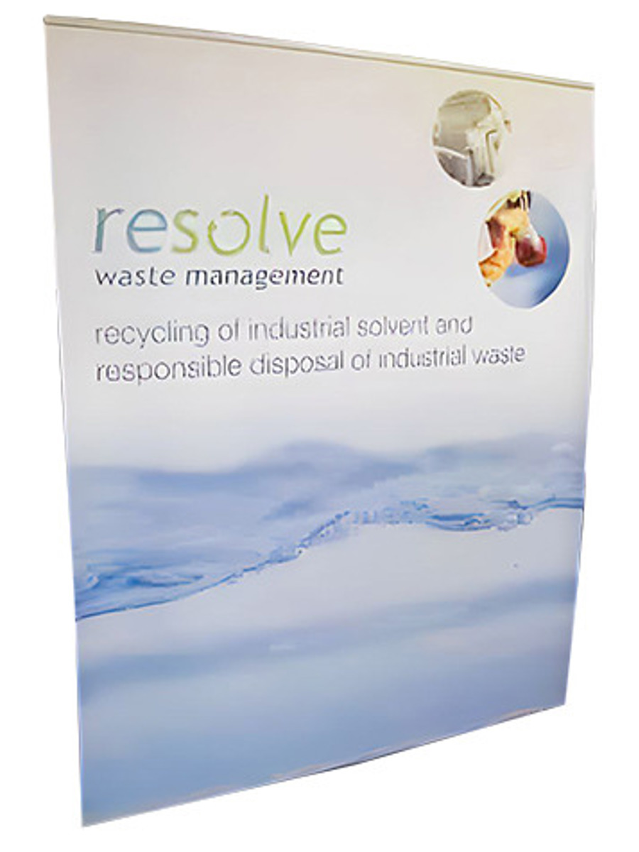 Printed banner for Resolve Waste Management with the company name, a service line and a blue water image