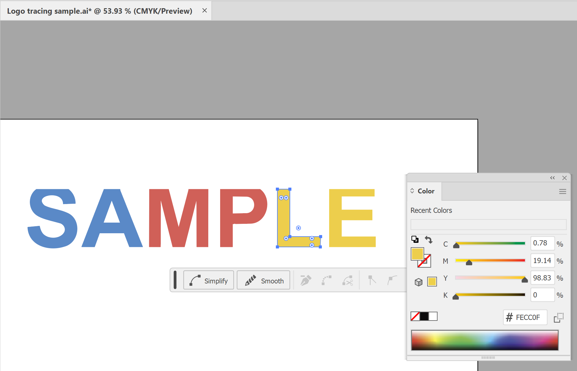 Illustrator Color panel with explicit CMYK values for a selected area of the expanded vector logo