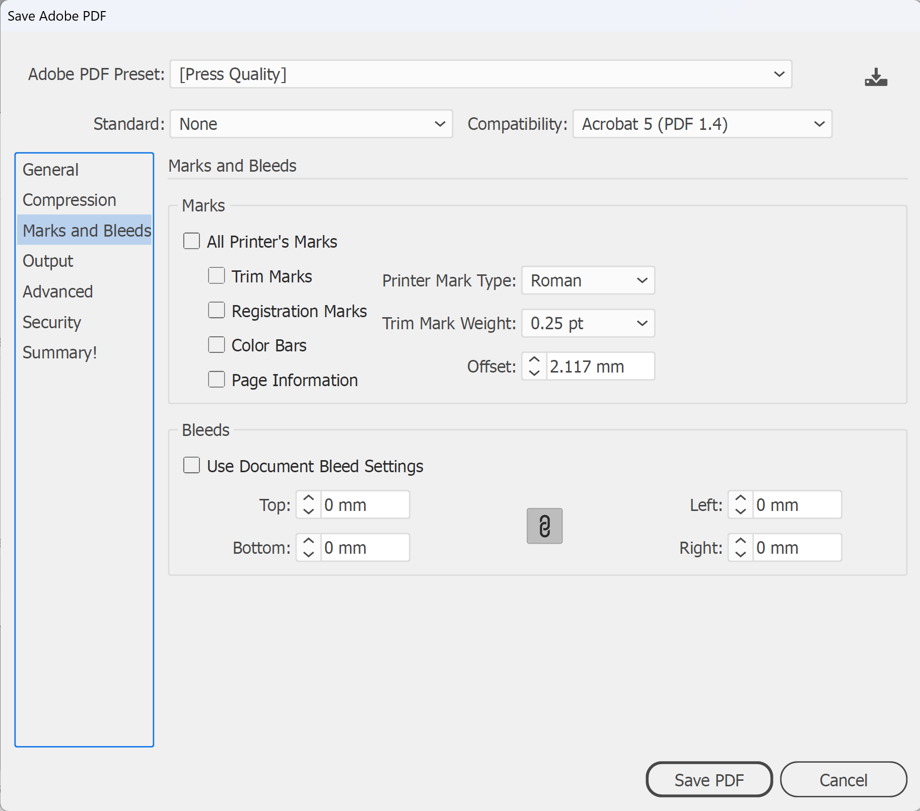 Illustrator Save Adobe PDF dialog with the Press Quality preset and no printer's marks