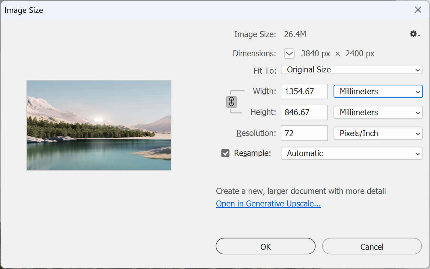 Photoshop Image Size dialog showing the current file size and pixel dimensions of a photo