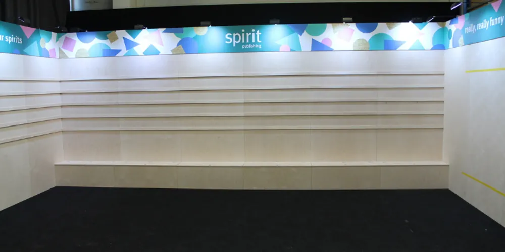 Spirit Publishing stand shelving and illuminated header ready for stock