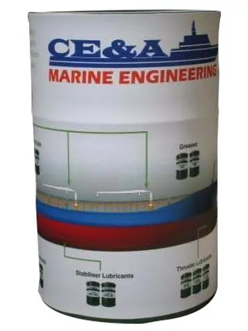 CE&A Marine Engineering drum wrapped in a ship graphic with callouts to lubricant product groups