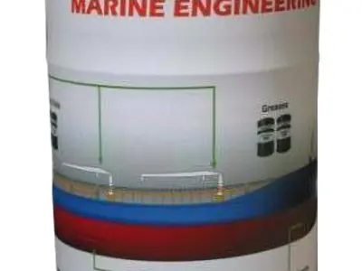 CE&A Marine Engineering drum wrapped in a ship graphic with callouts to lubricant product groups