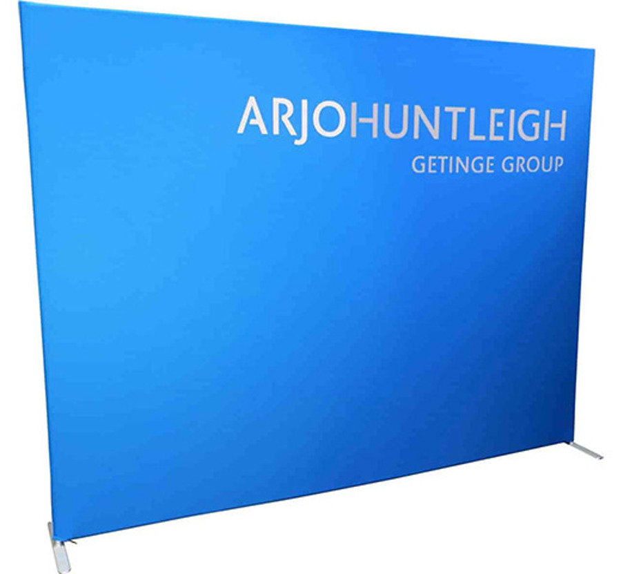 Blue free-standing fabric wall with square corners on small flat feet, a white company name printed in the top right corner