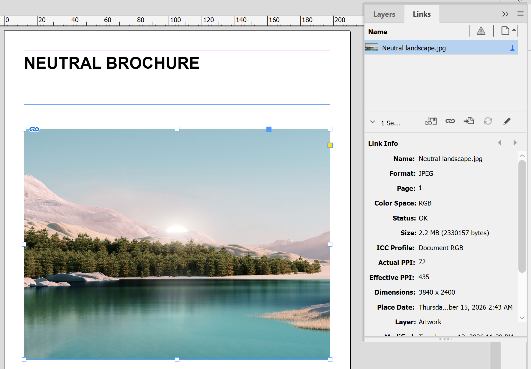 InDesign Links panel with the Link Info section showing Effective PPI for a selected image