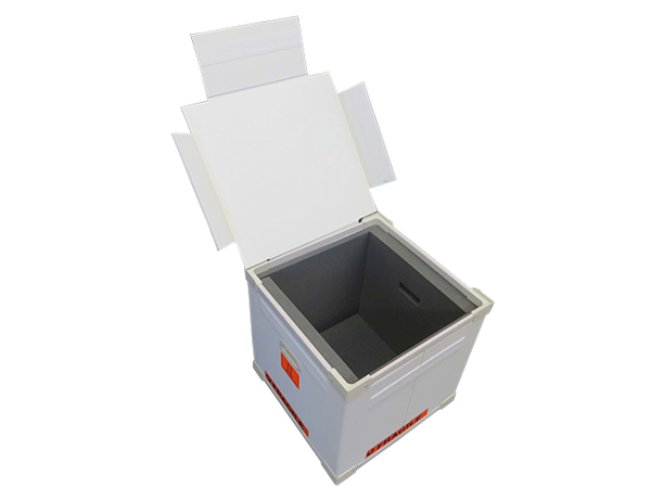 White hard-shell transport case with its lid open, showing a grey foam-lined interior, with orange fragile labels on the side