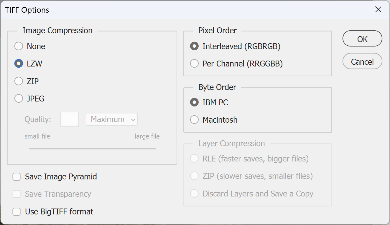 Photoshop TIFF Options dialog with LZW image compression selected