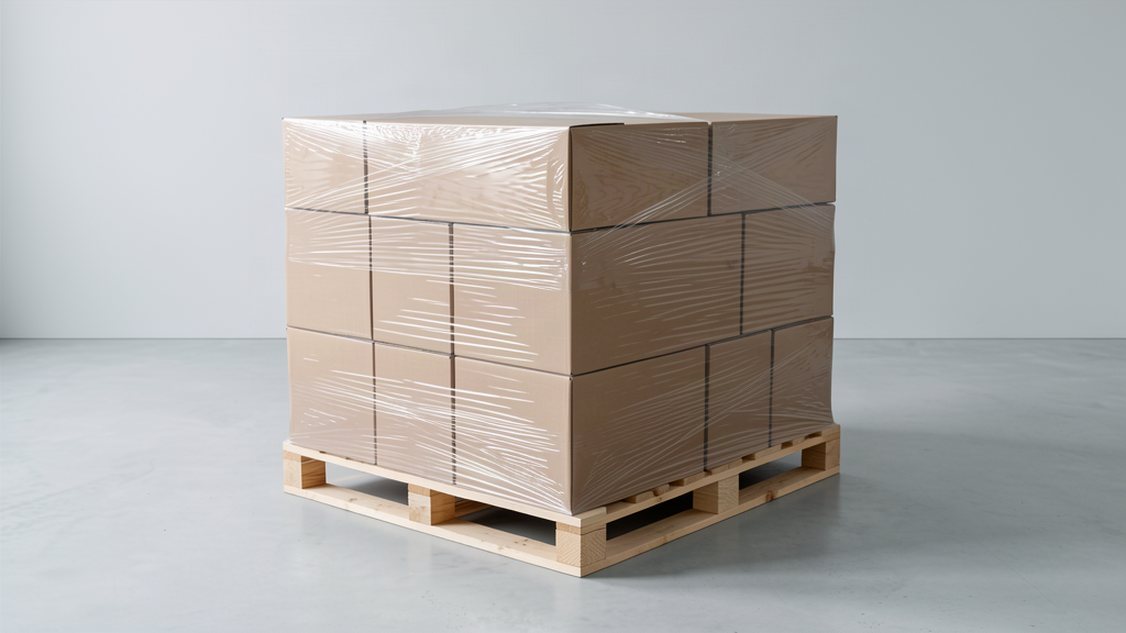 Shrink-wrapped pallet of flat-packed displays ready for freight