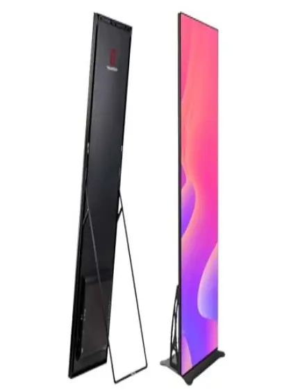 Front and back views of a slim LED poster screen on a fold-out rear leg