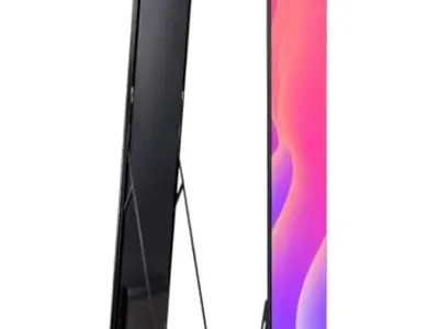 Front and back views of a slim LED poster screen on a fold-out rear leg
