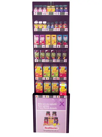 Tall Healtheries unit with six shelves of teas and supplements above a printed base panel