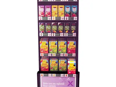 Tall Healtheries unit with six shelves of teas and supplements above a printed base panel