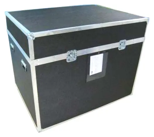 Black road case with aluminium edging, steel corners, twist latches and a front label holder