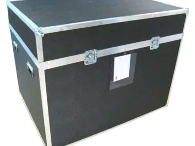 Black road case with aluminium edging, steel corners, twist latches and a front label holder