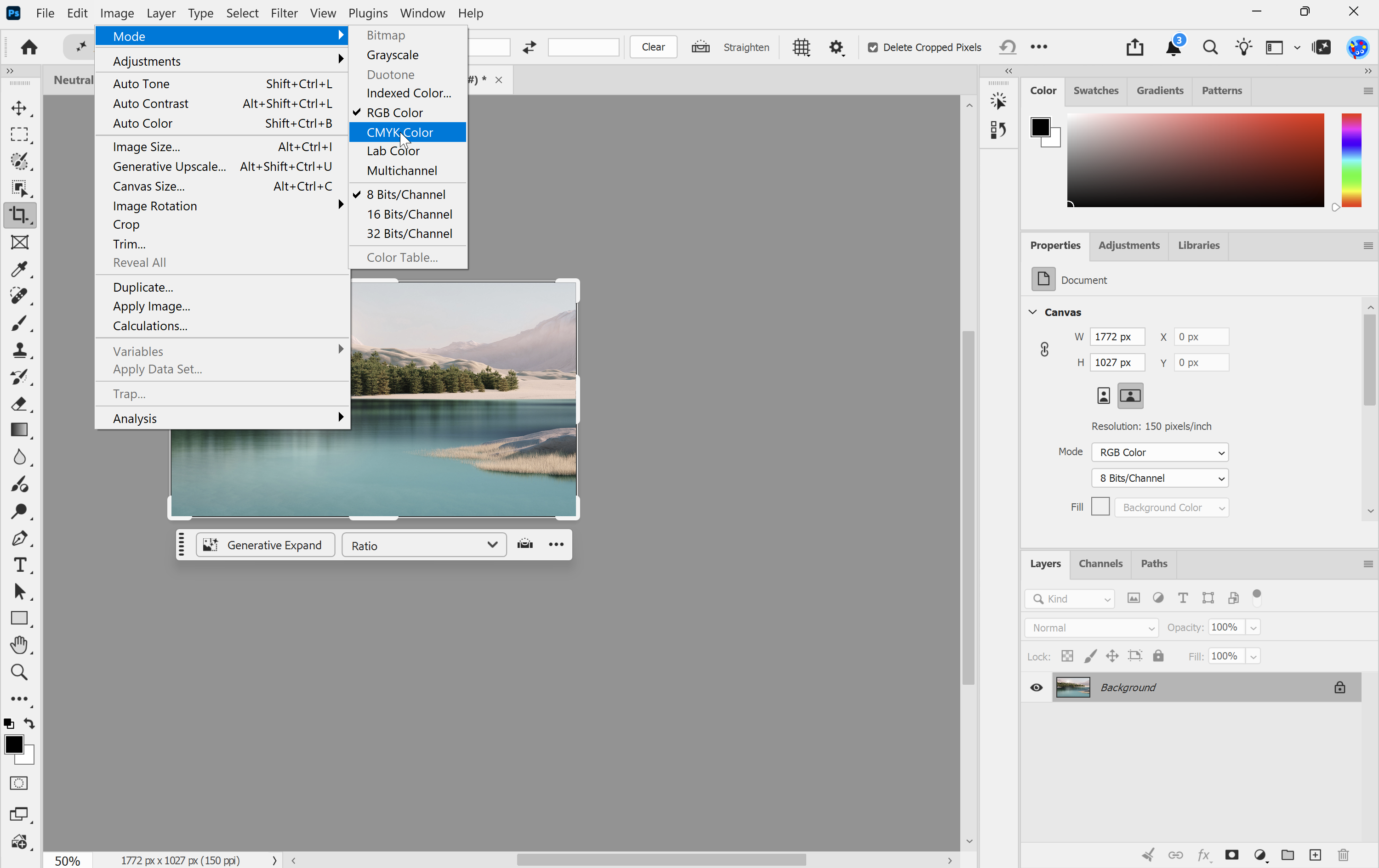 Photoshop Image > Mode submenu with CMYK Color highlighted