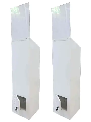 Pair of slim white lecterns with clear acrylic headers and lockable doors near the base